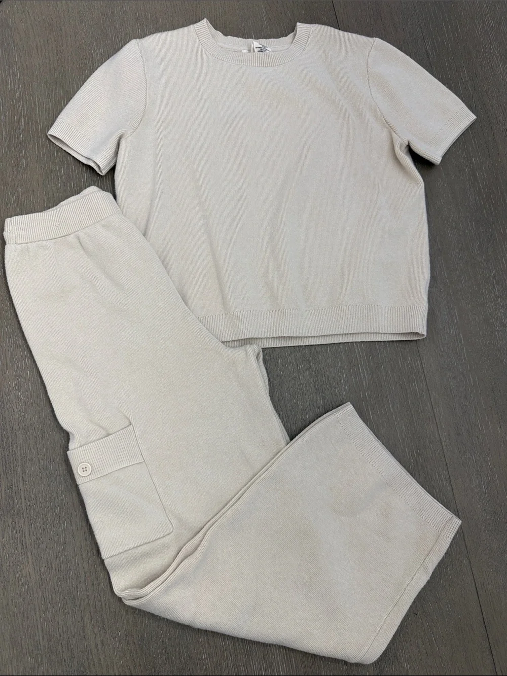 Girls Tan Knit Matching Set - Tan/Cream Short Sleeve Top & Pants